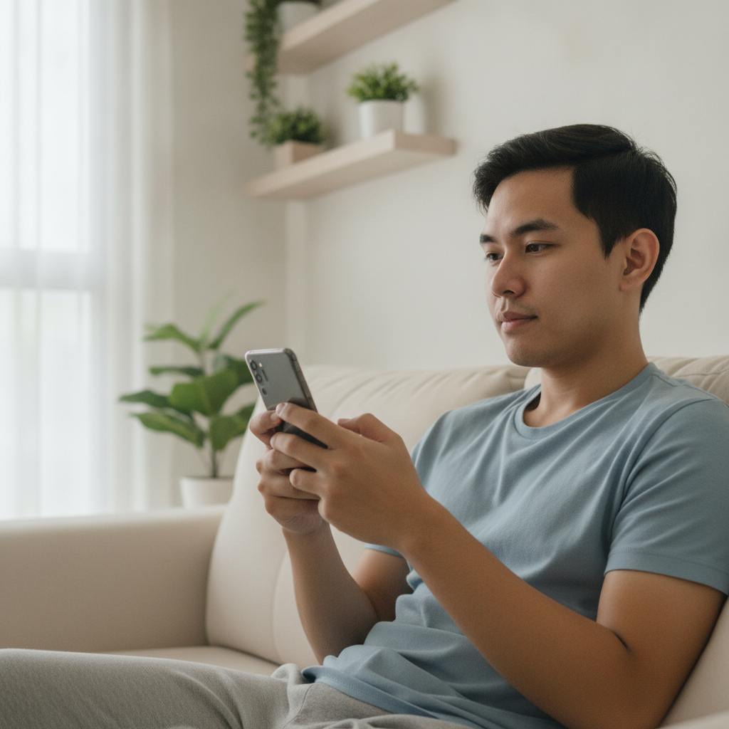 Filipino player using smartphone to explore online casino options at home